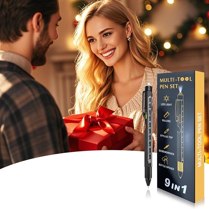 Christmas Gifts Stocking Stuffers for Men,Multitool Pen 9 in 1 Innovative Gift for Men,with LED