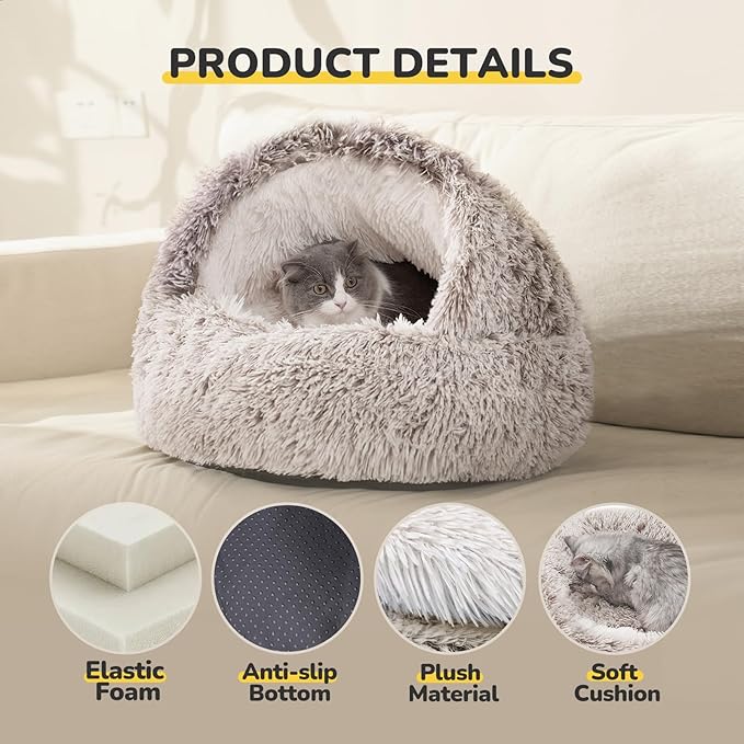 CATISM Cat Bed, Plush Hooded Cat Beds for Indoor Cats, Self Warming Cats Beds Cave, Cozy Pod for