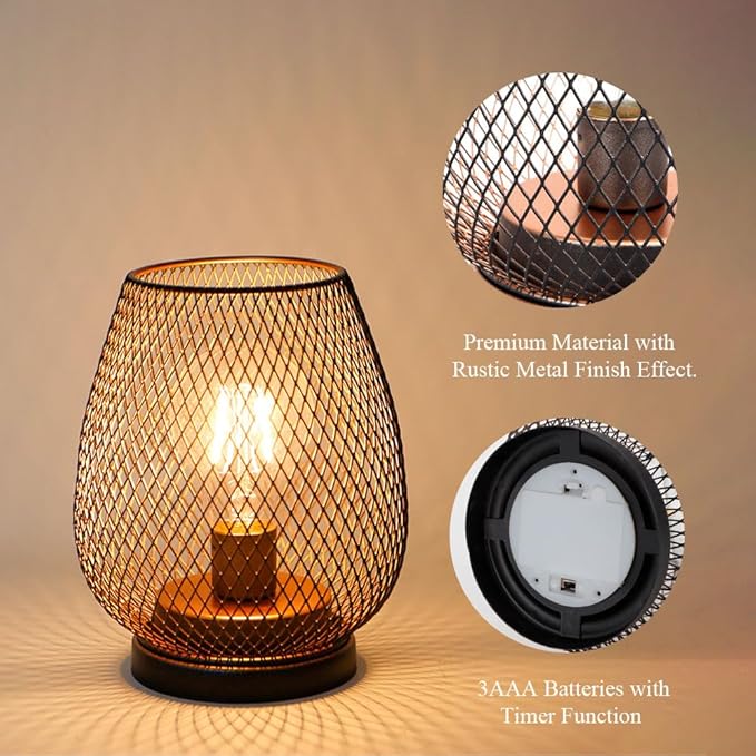 TRIROCKS Set of 4 Battery Operated Lamp LED Table Lantern, Metal Cage Cordless Lamps with LED