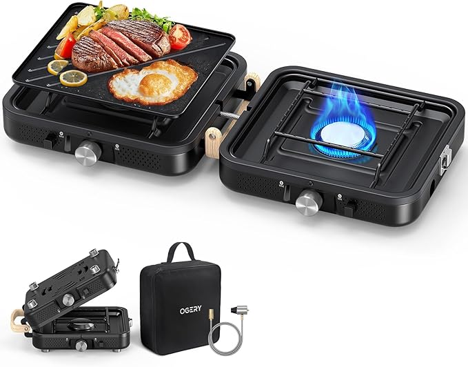OGERY 2-Burner Foldable Camping Stove with Griddle (Textured & Smooth) and Carrying Bag, Portable