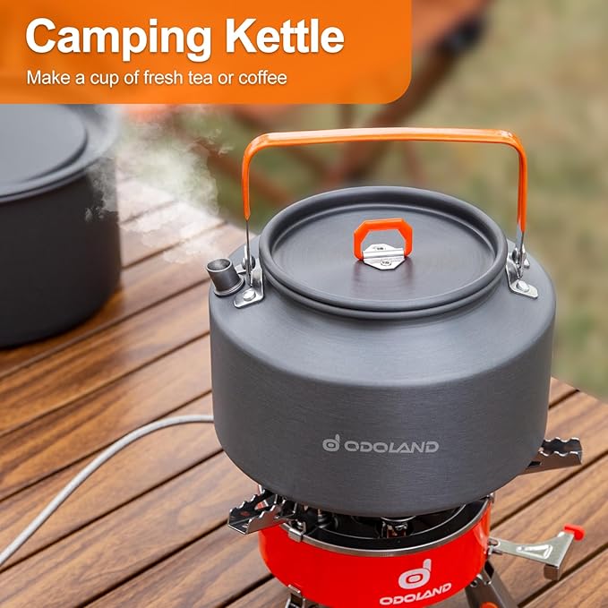 Odoland Camping Cookware Mess Kit, Camping Cooking Pot Fry Pan and 1.1L Kettle Set, Portable