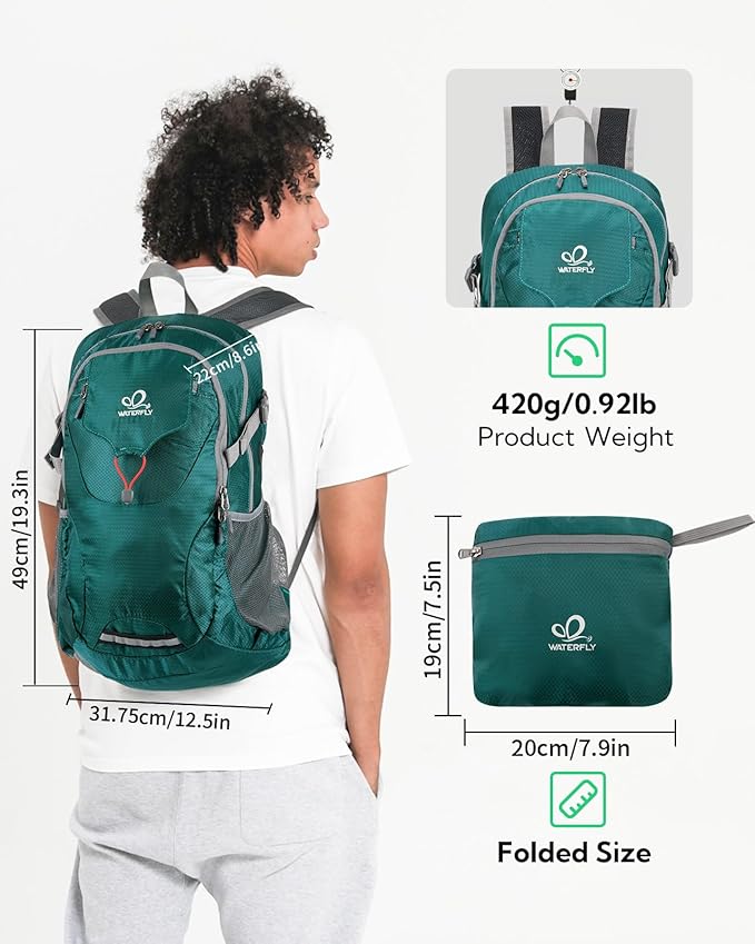 WATERFLY Lightweight Packable Hiking Backpack: 30L Foldable Travel Daypack Ultralight Camping Day