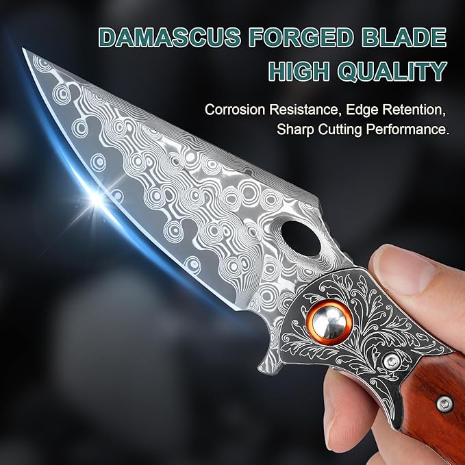 Damascus Pocket Knife, 3.27??Damascus Blade EDC Folding Knives with Guibourtia Wooden Handle