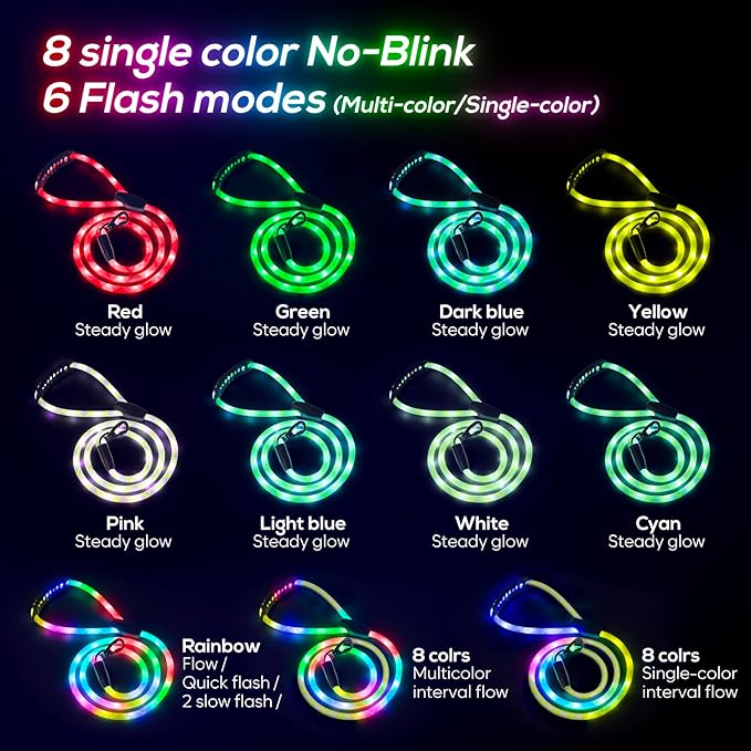 Colaseeme Light Up Dog Leash, LED Pet Leashes USB Rechargeable, Glow Safety Dogs Lights at Night