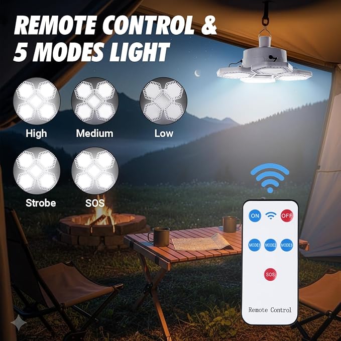 Solar Camping Light with Remote Control - Folding USB Rechargeable Lantern, 360°Lighting Waterproof