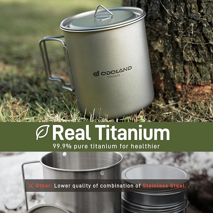 Odoland Titanium Camping Cookware 420ML Titanium Pot with Lid and Spork Lightweight Camping Pot for