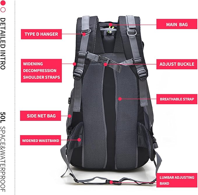 Bseash 50L Hiking Backpack, Water Resistant Lightweight Outdoor Sport Daypack Travel Bag for