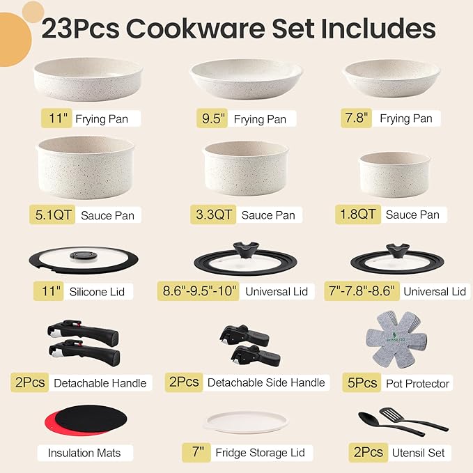 23 Pcs Nonstick Pots and Pans Set with 4 Detachable Handle, Ceramic Cookware Set Non Toxic