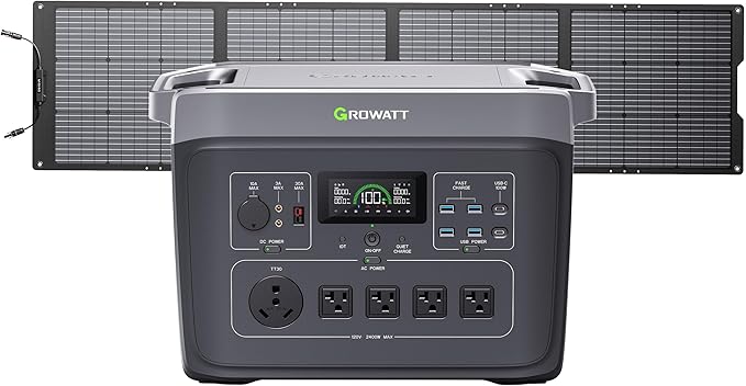 GROWATT Portable Power Station with 200W Solar Panel，Black Infinity 2000 Electric Solar