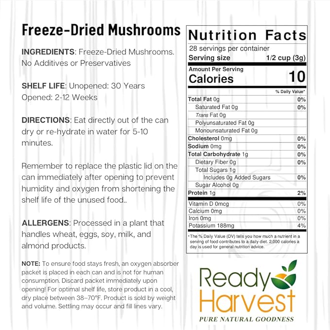 Ready Harvest Freeze-Dried Mushroom for Emergency Food Supply | Camper Must-Haves Camping