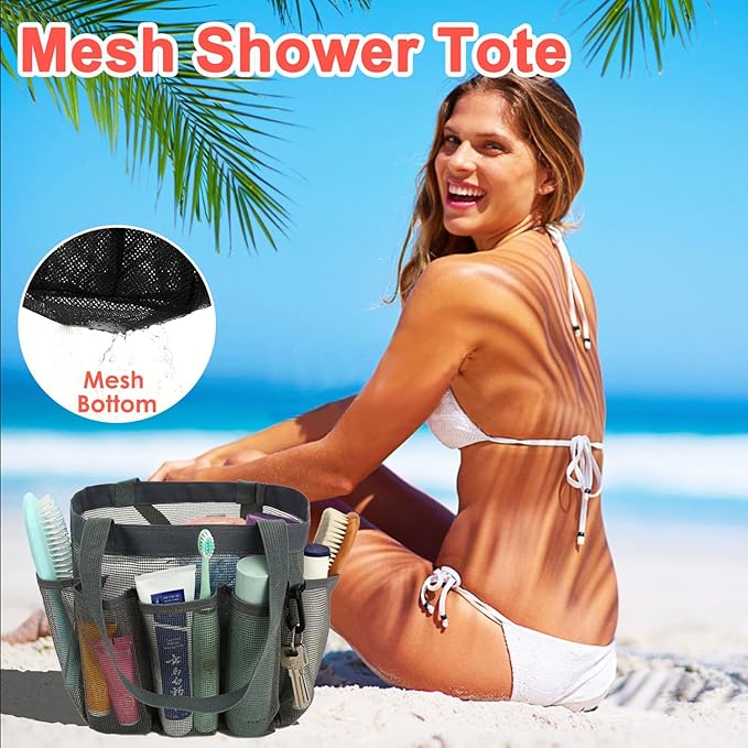 Mesh Shower Caddy Portable for College Dorm Room Essentials, 8-Pocket Large Shower Basket Tote Bag