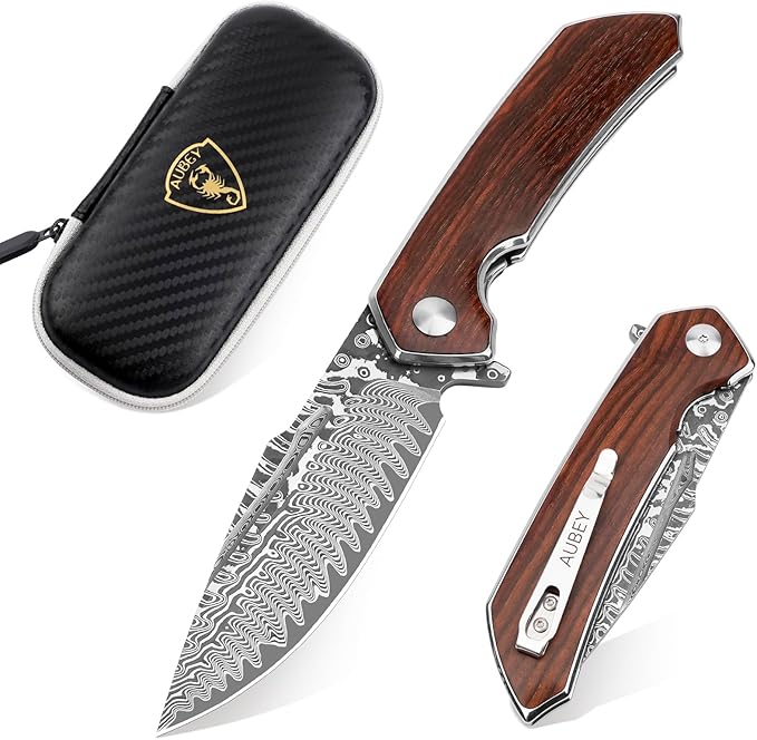 AUBEY Damascus Pocket Knife with Clip, Damascus Steel Blade Folding Knives with Ball Bearing, EDC
