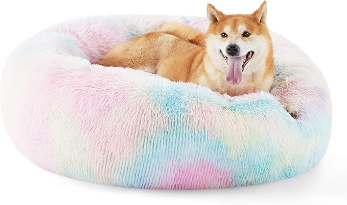 Bedsure Calming Dog Bed for Medium Dogs - Donut Washable Medium Pet Bed, Anti-Slip Round Fluffy