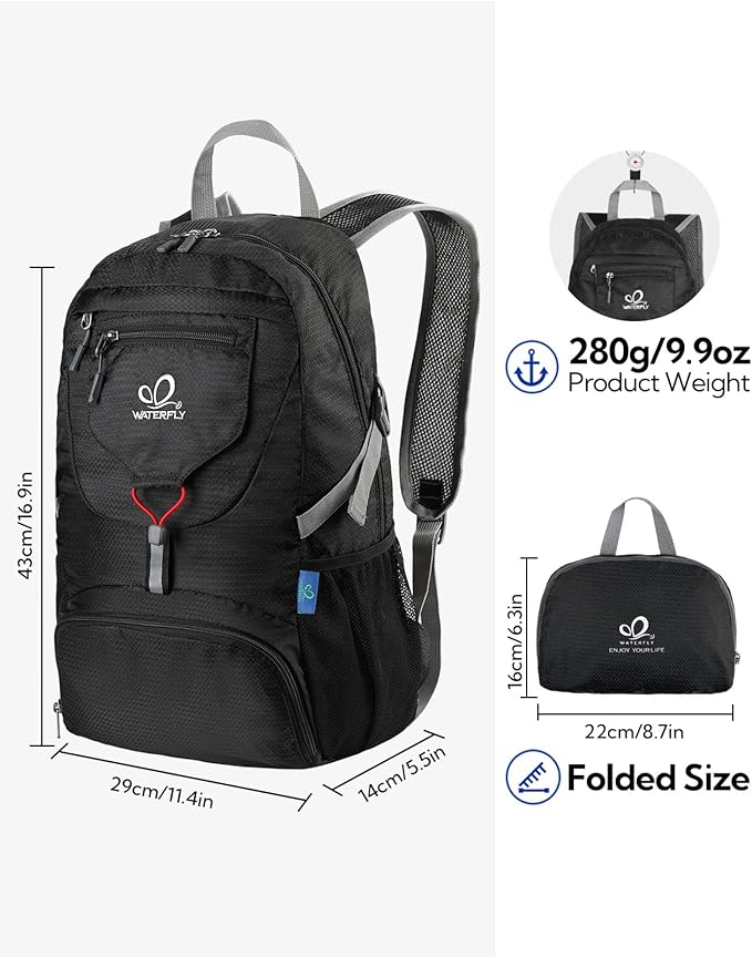 WATERFLY Small Lightweight Packable Backpack: 20l Ultra Light Foldable Travel Hiking Camping
