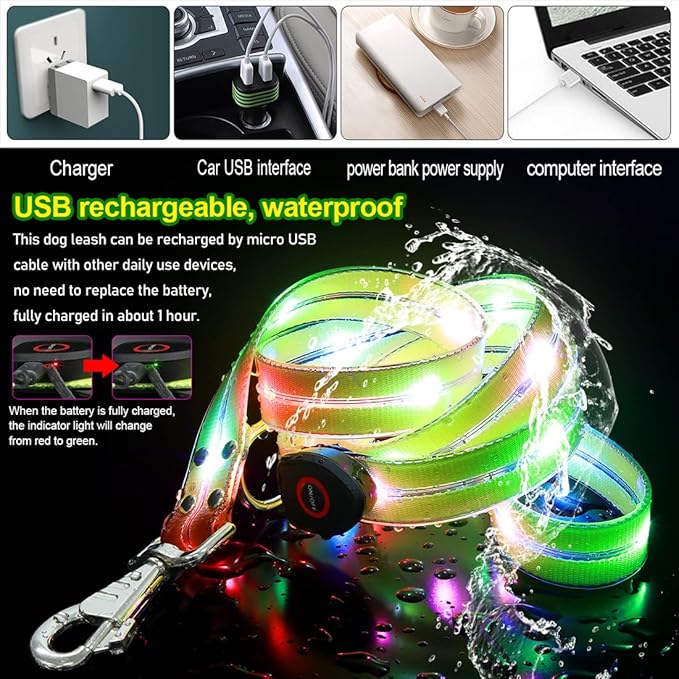 LED Waterproof Pet Dog Leash USB Rechargeable Fashionable Color Glow in The Dark Night Walk Safety