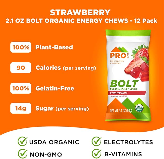 PROBAR - Bolt Organic Energy Chews, Strawberry, Non-GMO, Gluten-Free, USDA Certified Organic