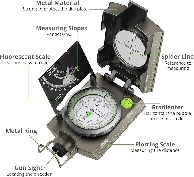 Proster IP65 Compass Hiking Survival - Lensatic Sighting Compass for Camping Navigation, Compass