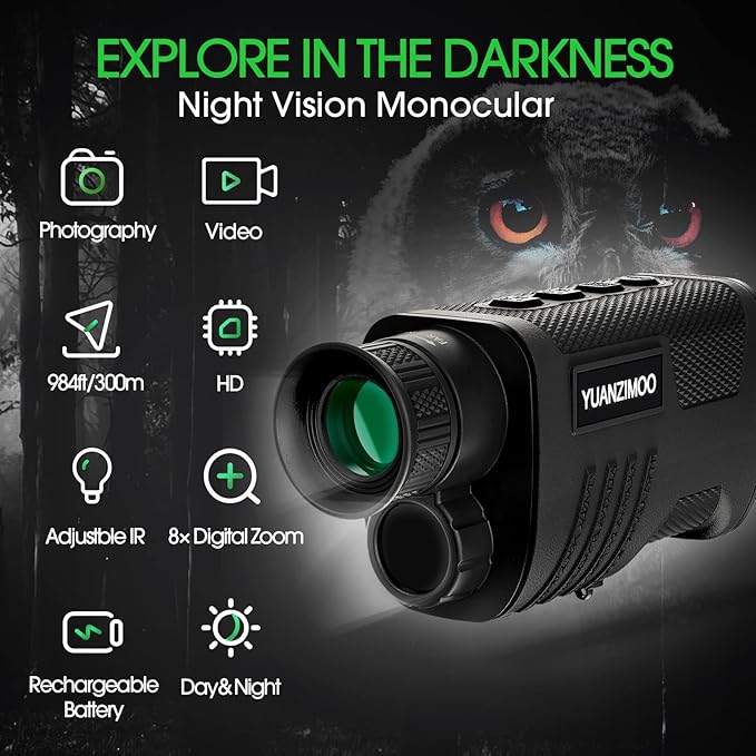 Upgraded Night Vision Monocular Digital Infrared Monocular Telescope for 100% Darkness with 8X Zoom