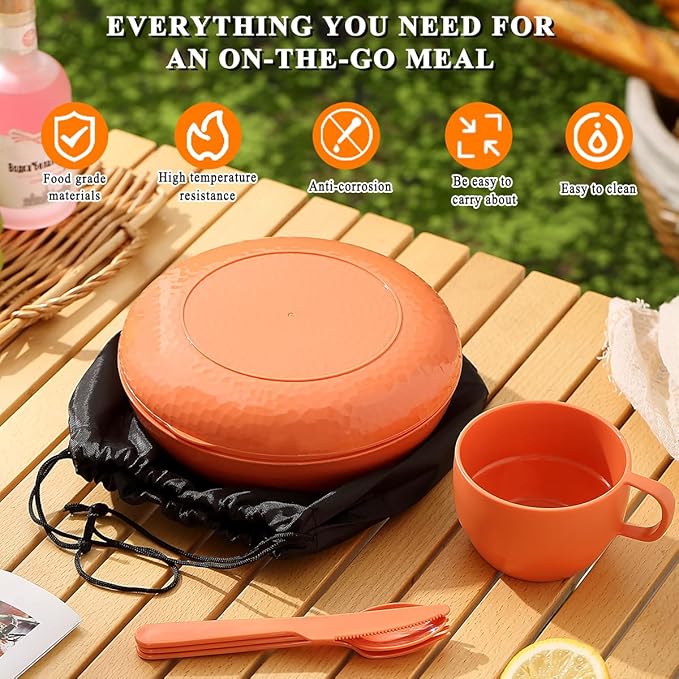 Homquen 6-Piece Camping Mess Kit with Bowl, Plate, Cup, Spoon, Fork, Knife and Carry Bag, Camping