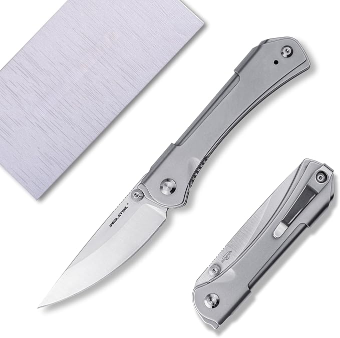 REALSTEEL SYLPH Folding Pocket Knife, Liner Lock, 3.07" Nitro-V Steel Satin Plain Blade, Thumb