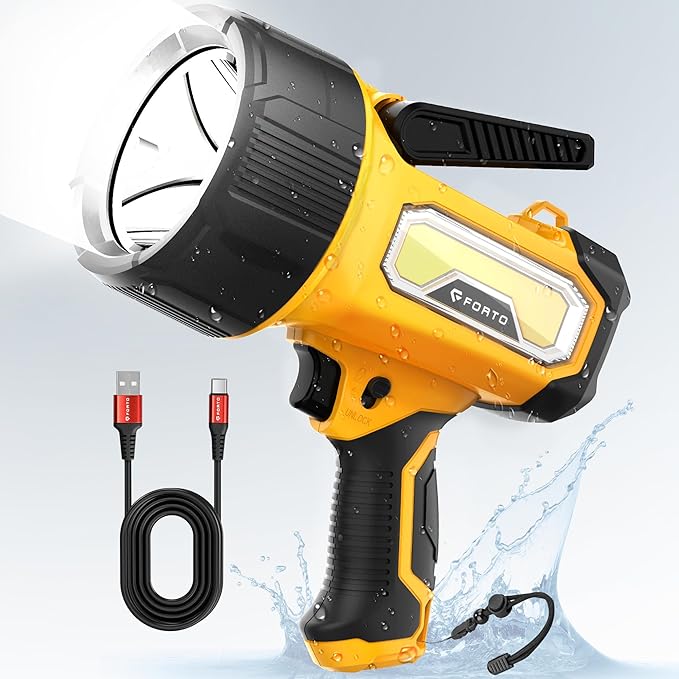 FORTO Rechargeable Spotlight, 200000 Lumens Handheld Spot Light with Foldable Stand, 6 Modes IPX7