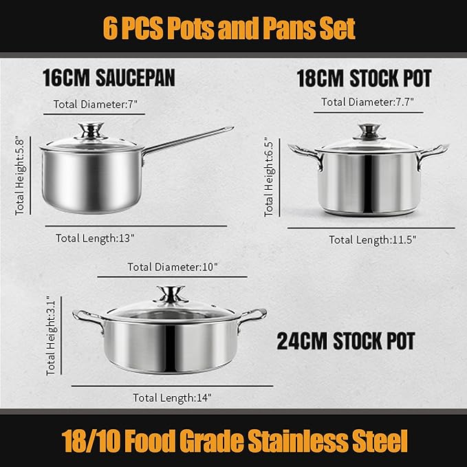 Aufranc Stainless Steel pots and pans set, 6 Piece Nonstick Kitchen Induction Cookware Set,Works