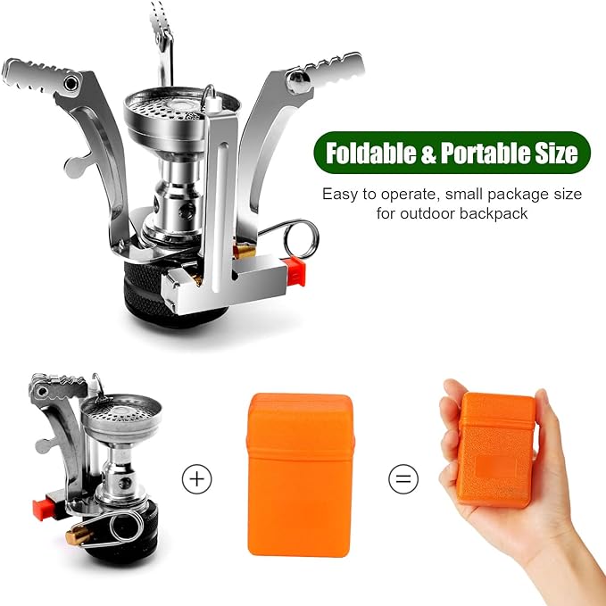 Odoland 8pcs Camping Cookware Mess Kit, Camping Pot and Pan Set with Mini Backpacking Stove