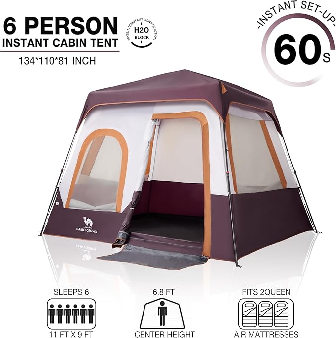 Camping Tents 4/6 Person Pop Up Instant Tent - Setup in 60s for Family Camping, Windproof Design