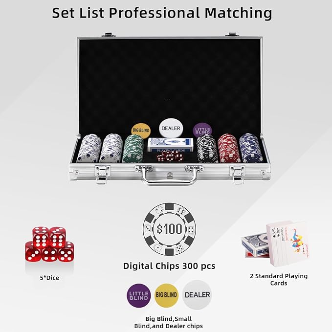 300Pcs Numbered Poker Chips Set for Texas Holdem,Blackjack, Tournaments with Aluminum Case,2 Decks
