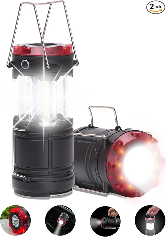 Lichamp Collapsible 2-Pack Camping Lanterns, 300LM COB Light & 150LM Flashlight with Red