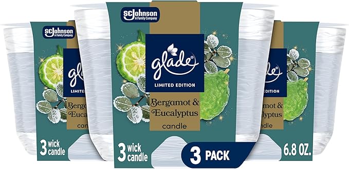 Glade 3-Wick Scented Candle Jar, Bergamot & Eucalyptus, Air Freshener Infused with Essential Oils