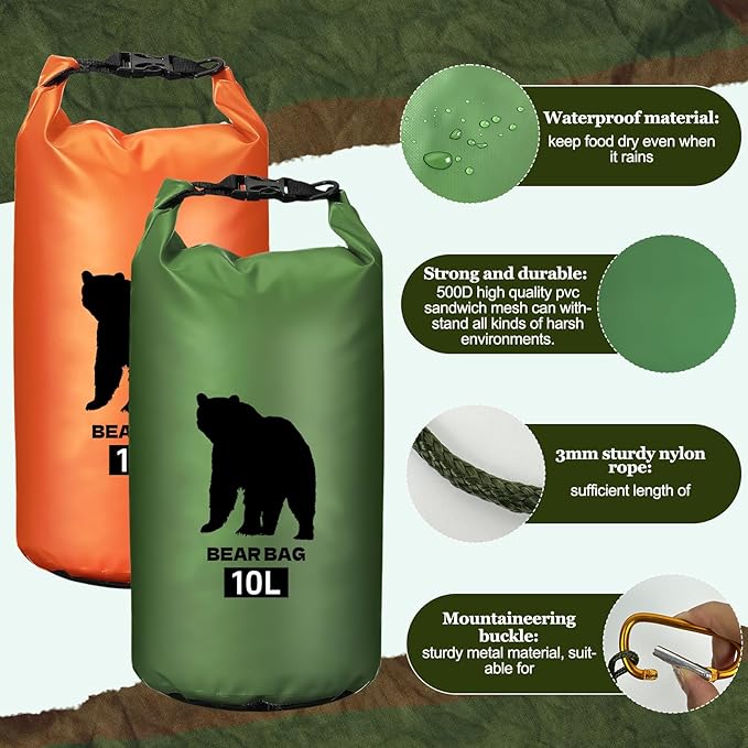 2 Pcs 10L Waterproof Bear Bags with 4 Nylon Ropes, 4 Clips & 2 Rock Pockets & 2 Small Warning Bells