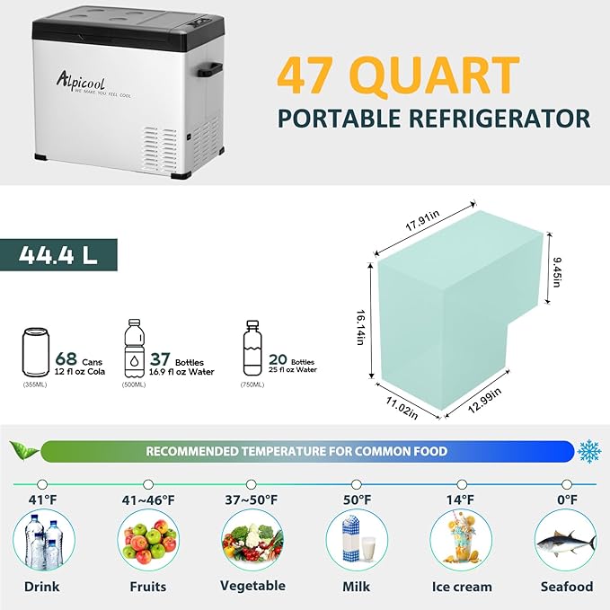 Alpicool C50 Portable Refrigerator 47 Quart(44.4Liter) 12 Volt Car Freezer for Vehicle, Truck, RV