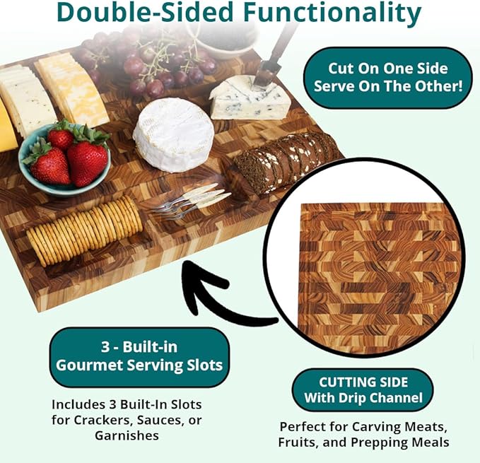 EcoDecors FSC Certified Solid Teak Wood Cutting Board 24x18, Large End Grain Butcher Block with