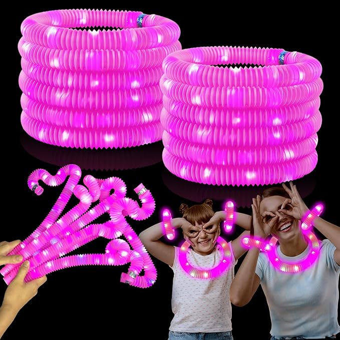 12 PCS Pink Glow Sticks Party Favors for Kids,LED Light up Pop Tubes for Toddlers,Neon Necklaces