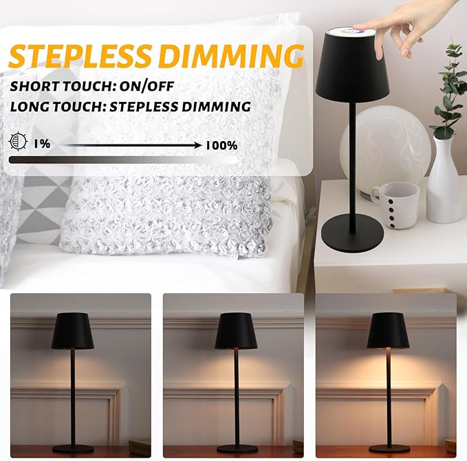 Maksone 2 Pack LED Cordless Table Lamp, 6600mWh Rechargeable Battery Desk Lamp, 3000K Stepless