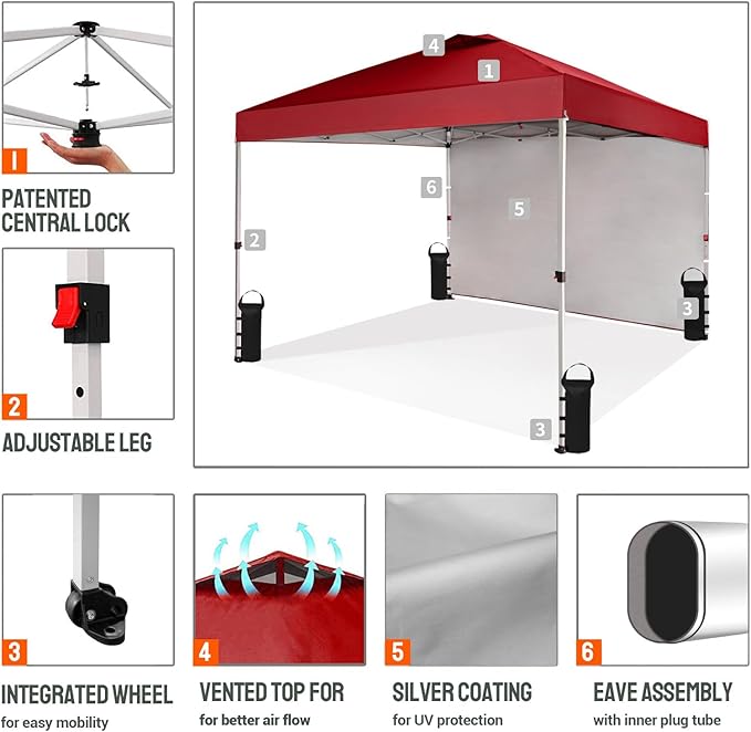 CROWN SHADES 10x10 Pop Up Canopy with 1 Side Wall - Beach Tent with One Push Setup - Outdoor Sun