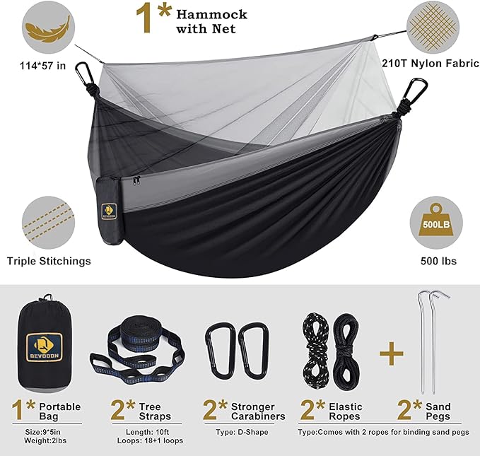 Camping Hammock with Net,Travel Portable Lightweight Hammocks with Tree Straps and Solid D-Shape