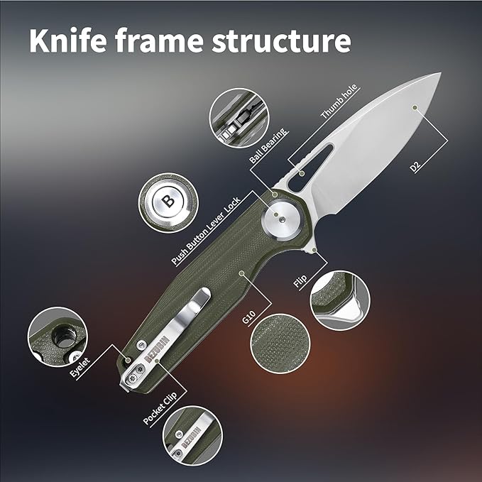 Pocket Folding Knife,3.15" D2 Steel Blade,Green G10 Handle,Push Button Lever Lock,Pocket Knife with