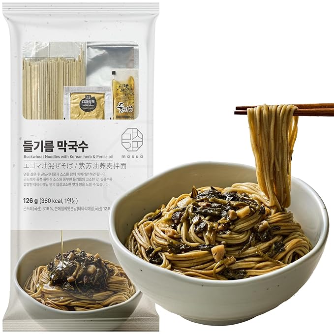Korean Food Buckwheat Soba-Style Noodles with Perilla Oil & Gondre ??Authentic Korean Herb Flavor