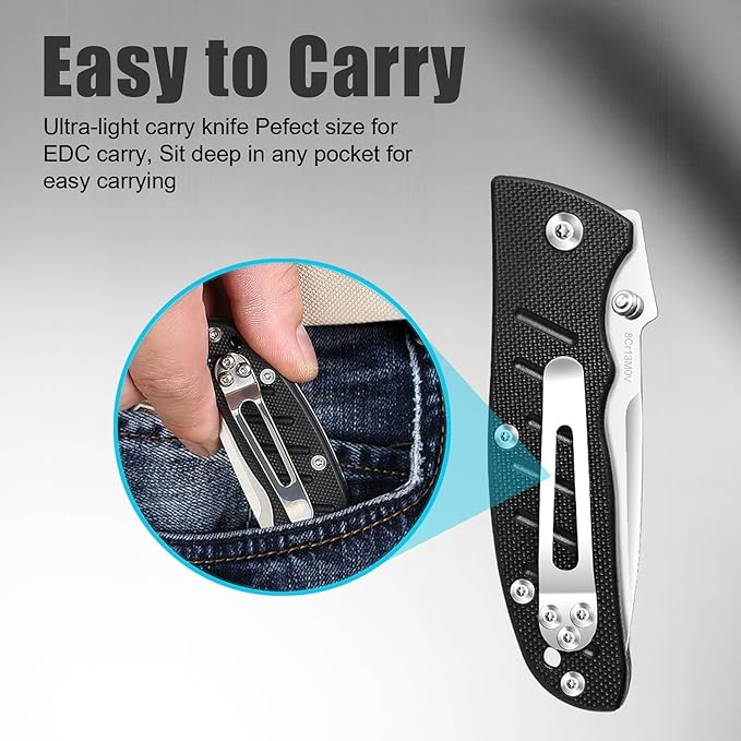 Harita Pocket Knife Folding EDC Knife with Belt Clip, 2.76 inch 8Cr13MoV Straight Edge Blade, G10
