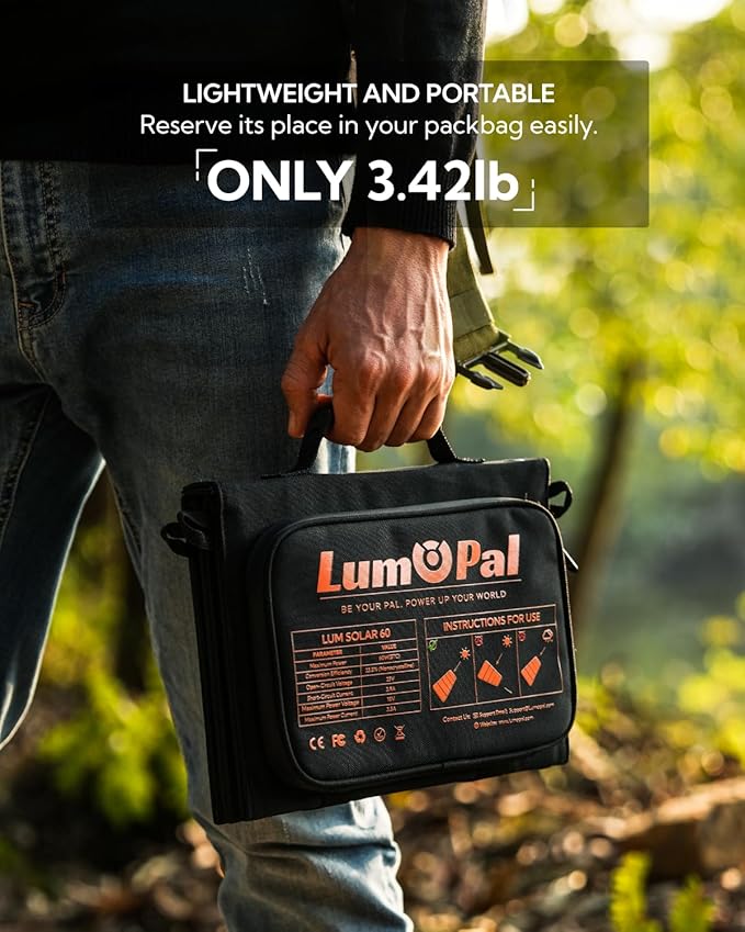 Portable Solar Panel, LUMOPAL 60W Foldable Solar Panels Folding Solar Charger with PD60W USB C