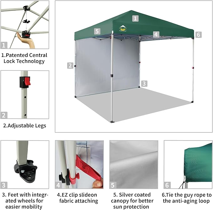 CROWN SHADES 8x8 Pop up Canopy Instant Canopy with 1 Removable Sidewall,4 Ropes & 8 Stakes, STO'N