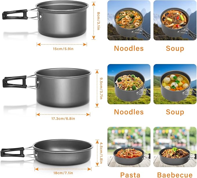 Lixada 10pcs Camping Cookware Mess Kit, Non-Stick Lightweight Stackable Pot Pan Bowls Camping