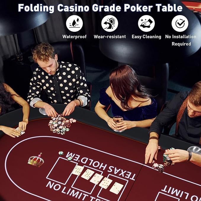Upgrade 91'' Foldable Poker Table for 10 Players - Large Casino Table with Stainless Steel Cup
