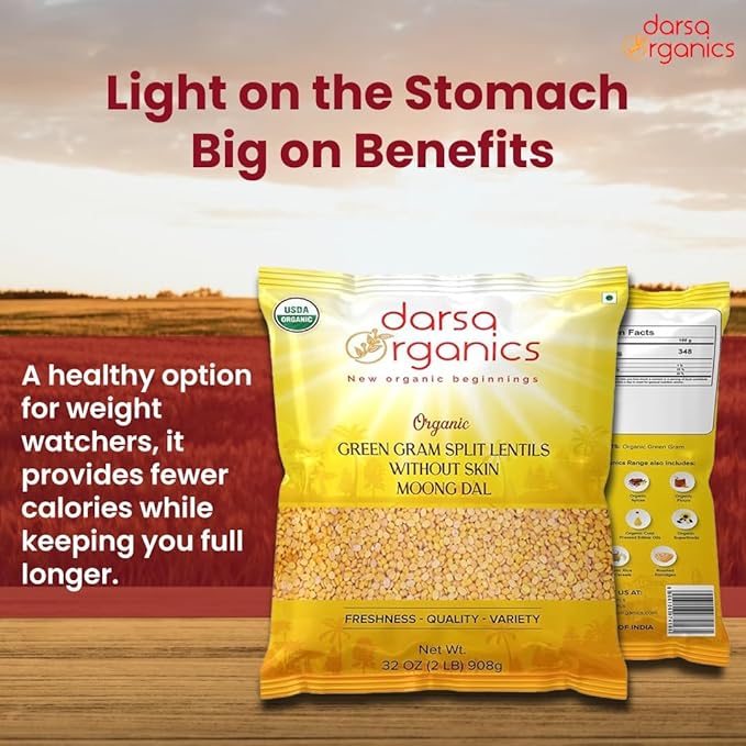 Darsa Organics Yellow Moong Dal (Split Yellow Mung Beans) 2 lb - USDA Organic, Non-GMO