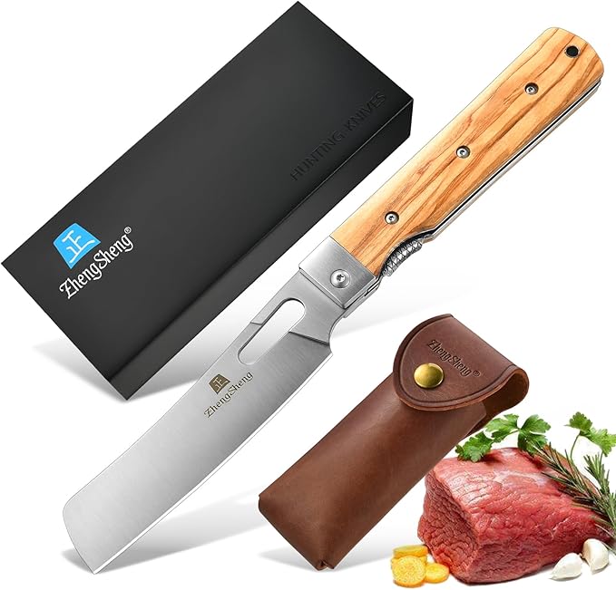 Folding Chef Knife with Leather Pouch 4.8” Sharp 440A Stainless Steel Blade Olive Handle Pocket