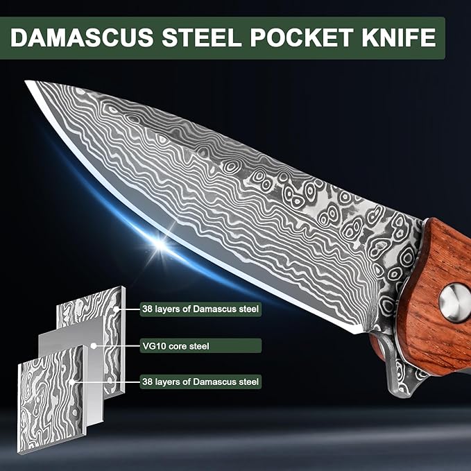 AUBEY Damascus Pocket Knife with VG10 Core, Wooden Handle, EDC Folding Knives for Men Outdoor