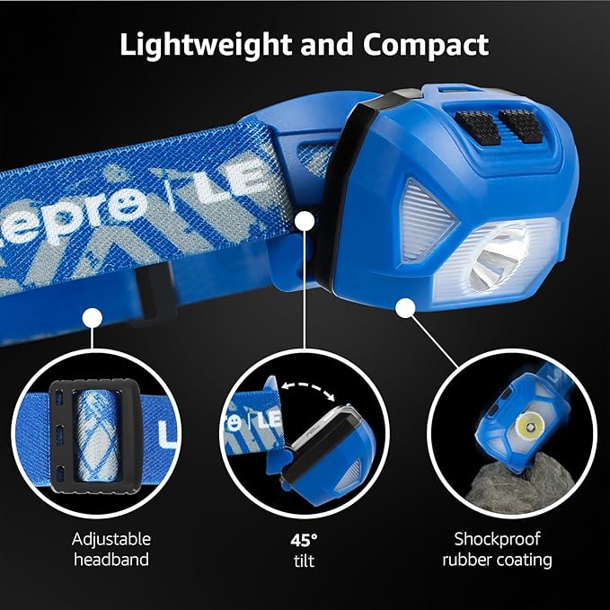 Lepro 320015 Battery Powered Headlamp - 1300Lux Super Bright LED Head Lamp with Red Light, IPX4