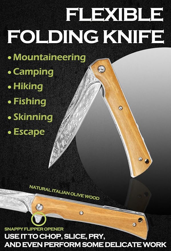 YOUSUNLONG Folding Knife Overall 215mm Camping Knife - Hammered Damascus Steel Blade - Natural